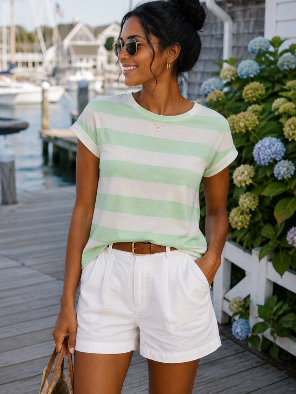 Madewell Striped Tee Green White 100% Cotton Coastal Preppy T Shirt XS